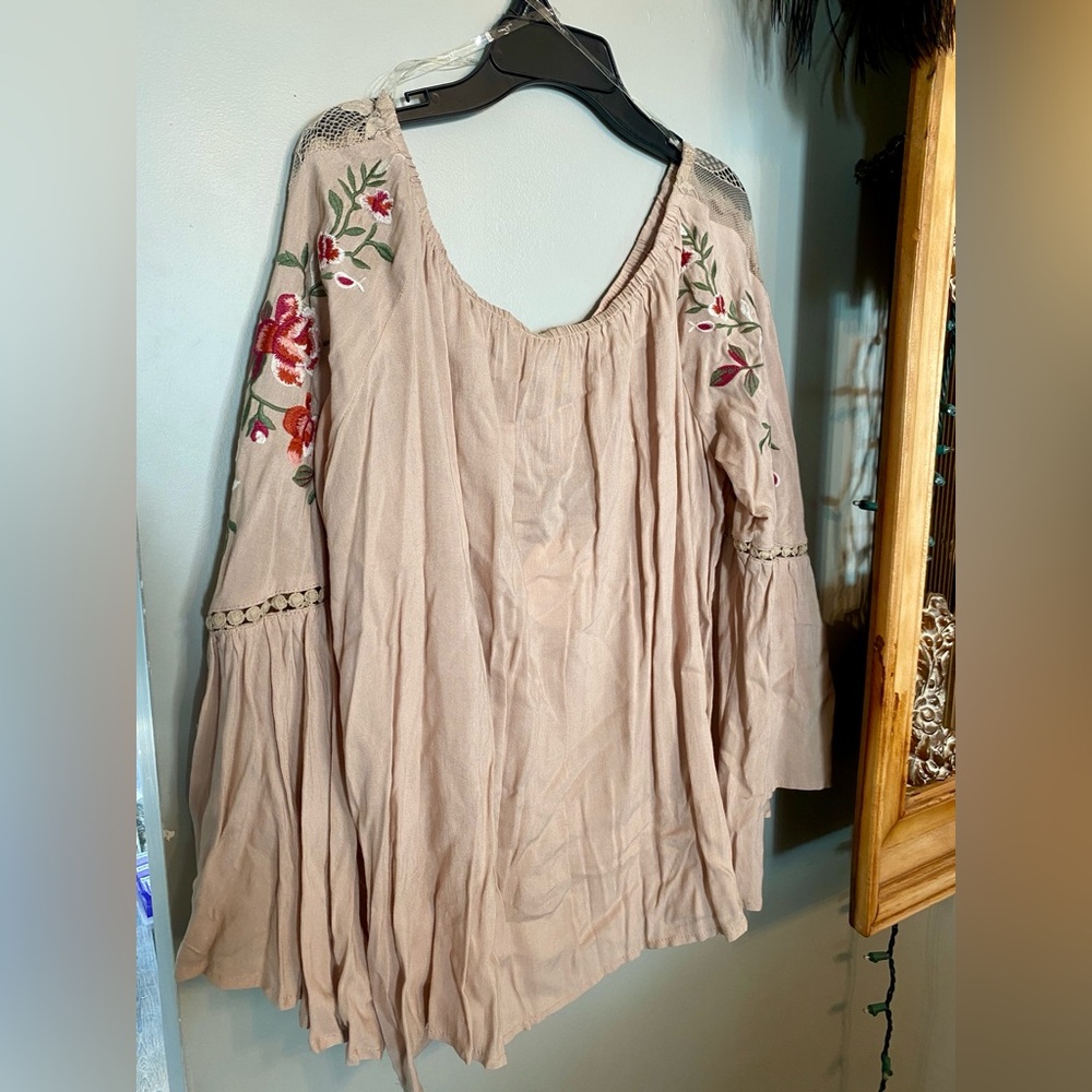 Umgee USA Embroidered Bell Sleeve Tan Blouse